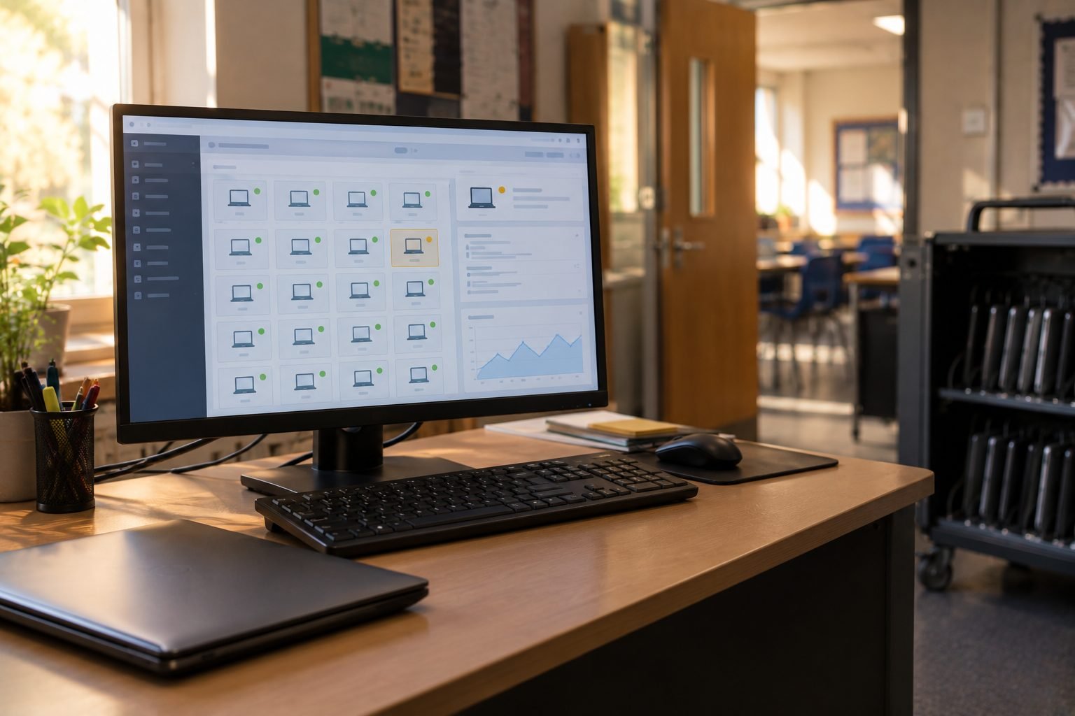 An endpoint protection console on a school office monitor, a grid of device tiles with one flagged amber