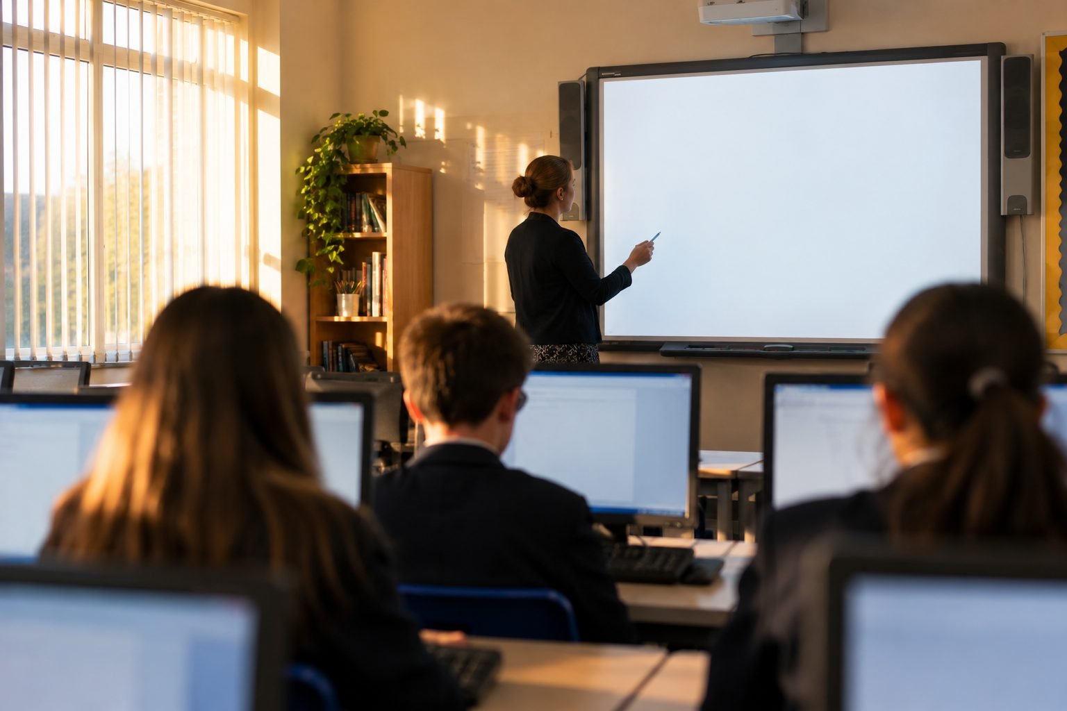 A secondary school ICT lesson, pupils at monitors facing an interactive whiteboard