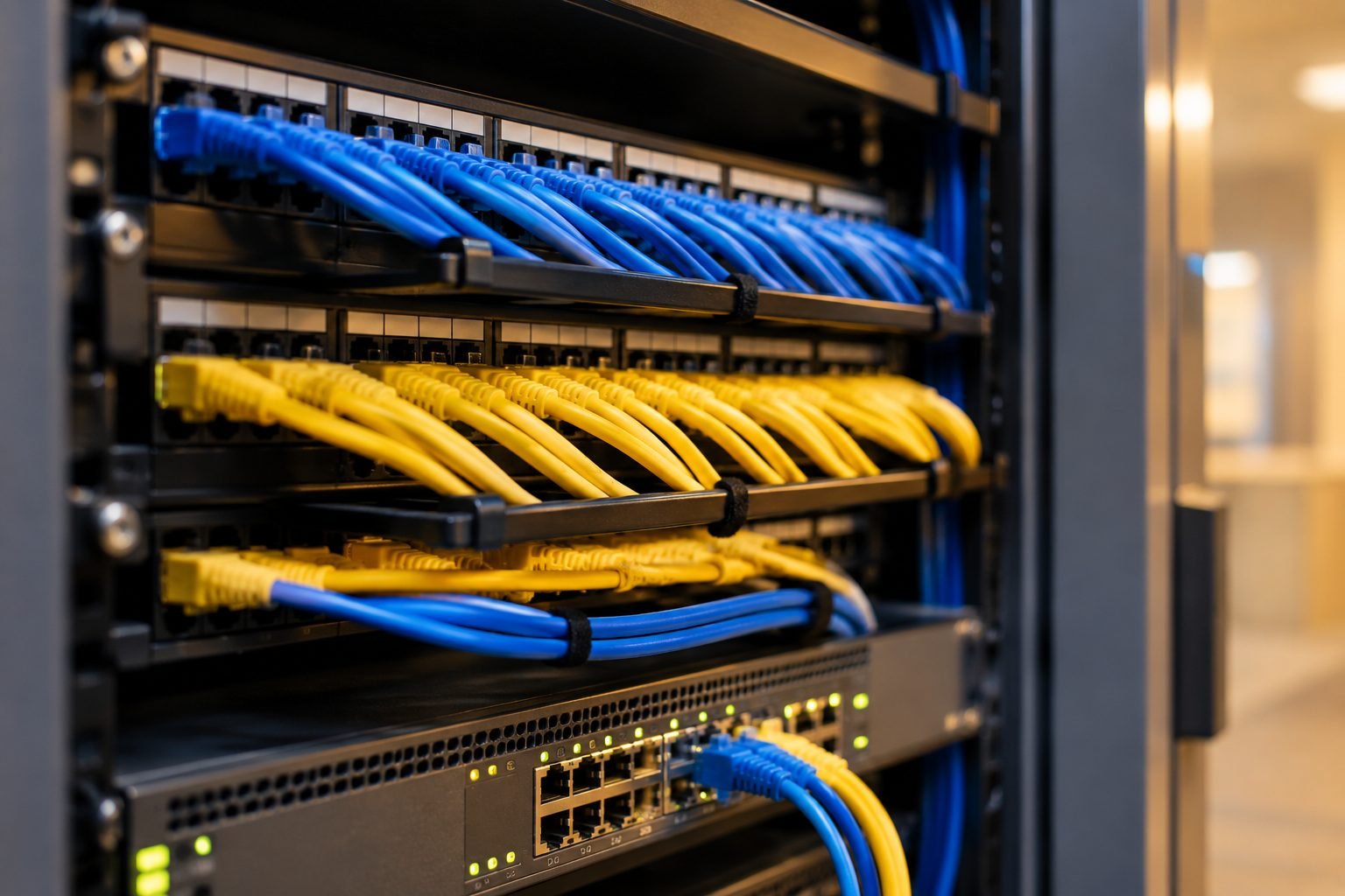 Blue and yellow patch leads running in tidy rows across a switch in a school comms cabinet