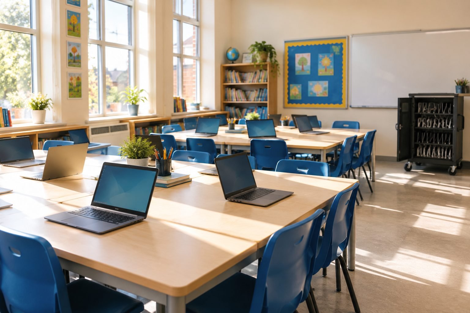 Laptops set out ready across the tables of a bright primary classroom