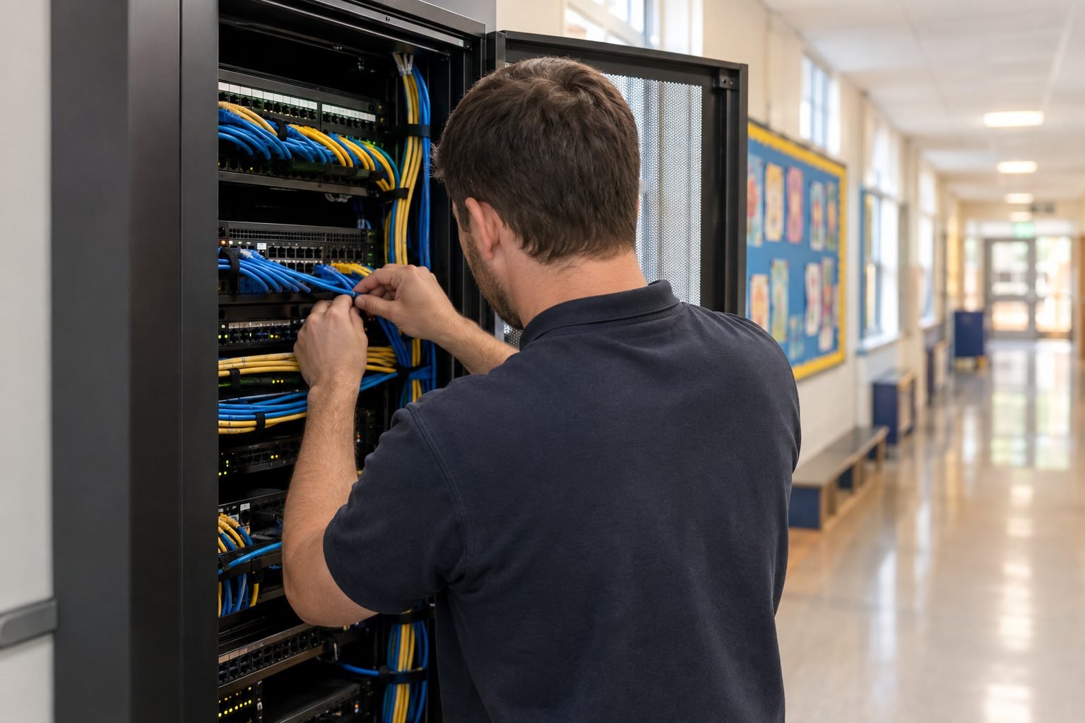 An engineer patching a lead inside an open comms cabinet in a school corridor
