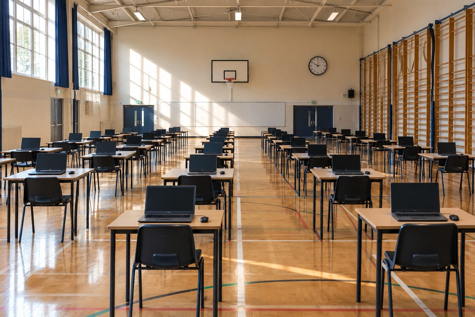 A school hall laid out with rows of desks and laptops ready for assessments