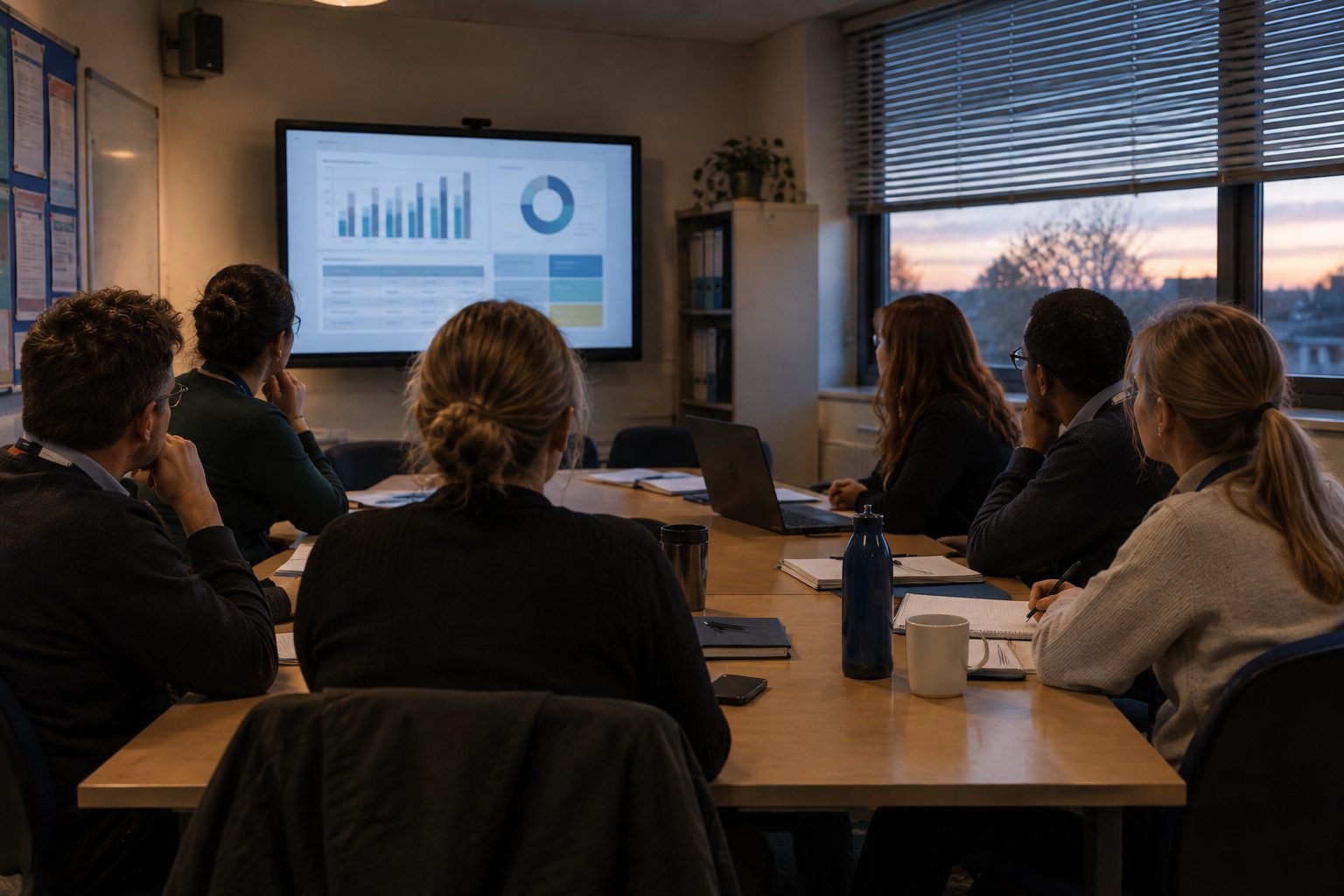 School leaders and governors watching a briefing on screen in a meeting room