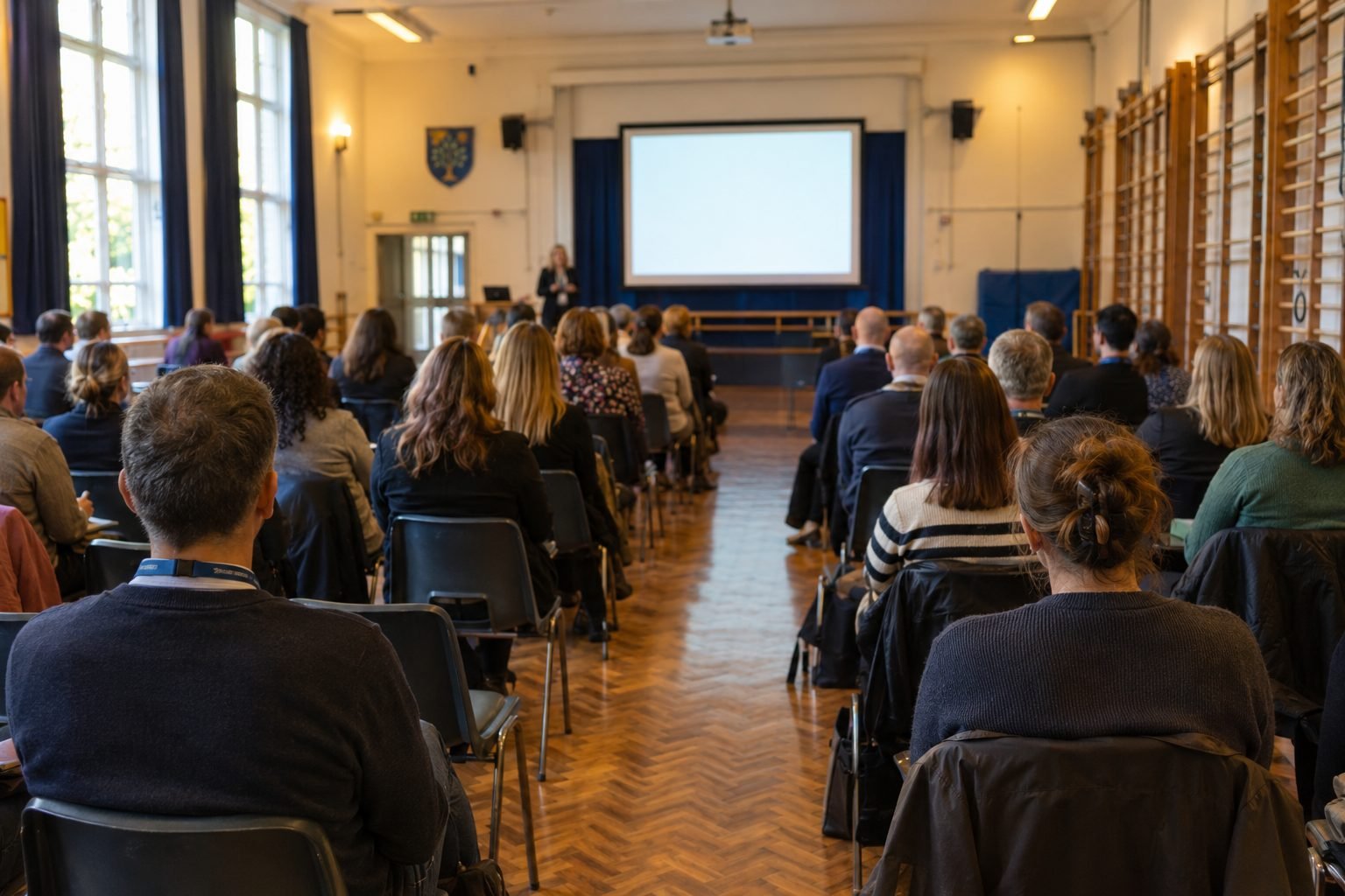 A hall full of staff at an INSET session, watching a presenter at the front