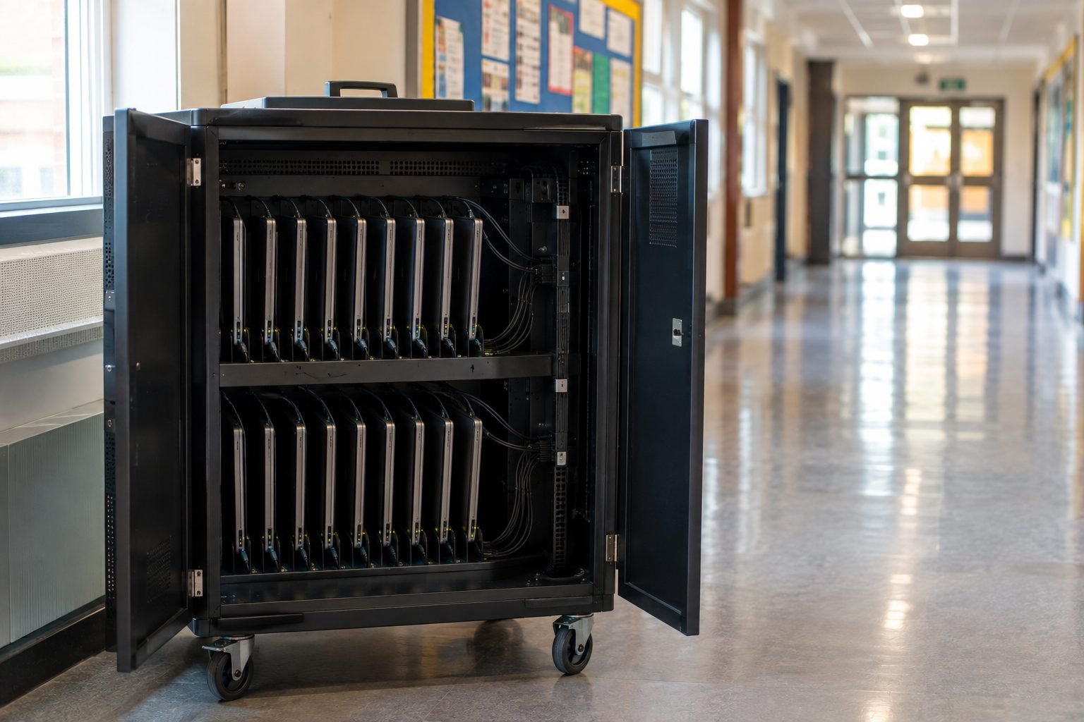 A laptop charging trolley standing open in a school corridor, devices docked and charging