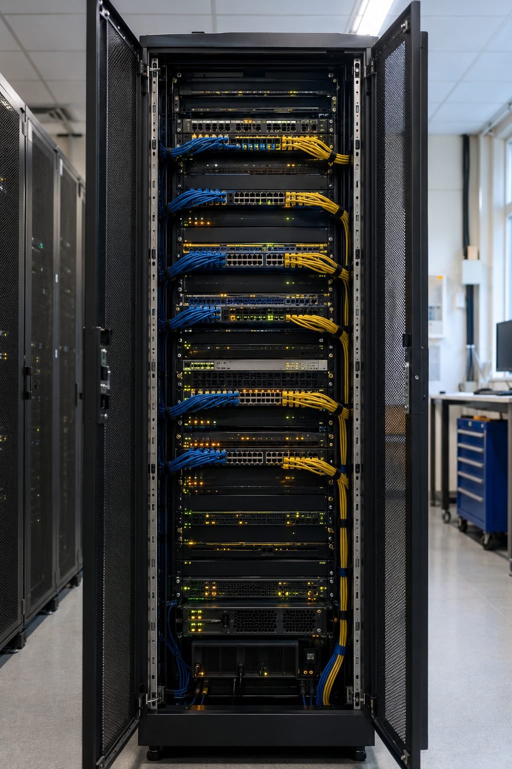 A full-height network rack with switches stacked and neatly cabled