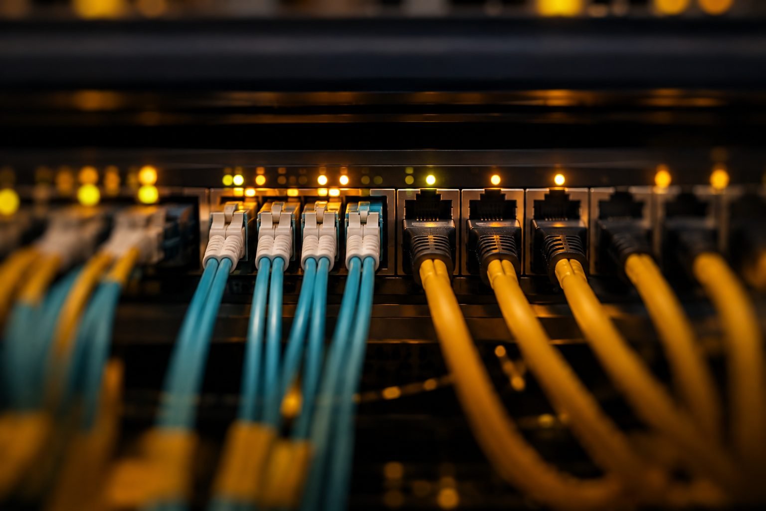 Close-up of fibre and copper leads plugged into a managed switch, indicator lights lit