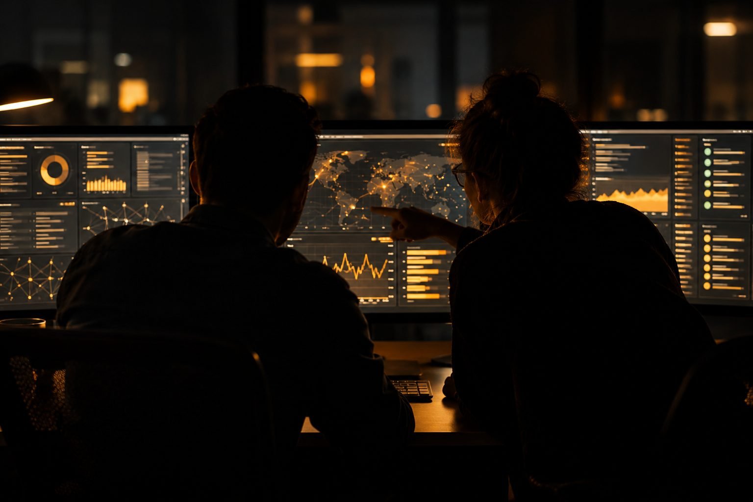 Two analysts silhouetted against monitoring dashboards in a darkened room