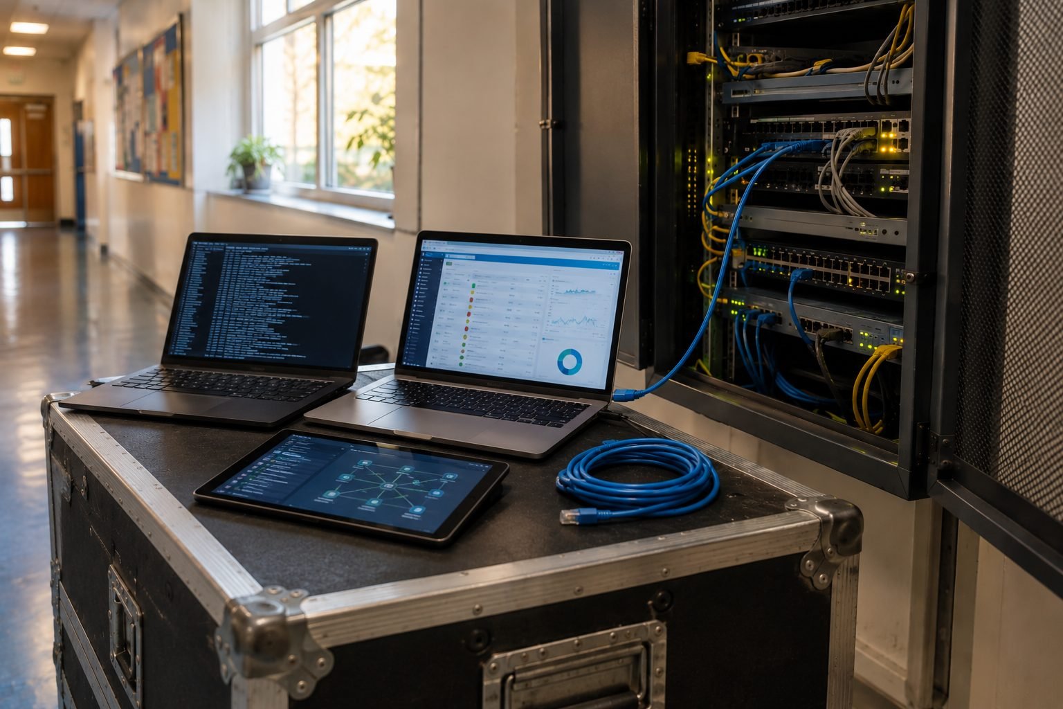Two laptops and a tablet on a flight case, tethered by ethernet into an open comms cabinet