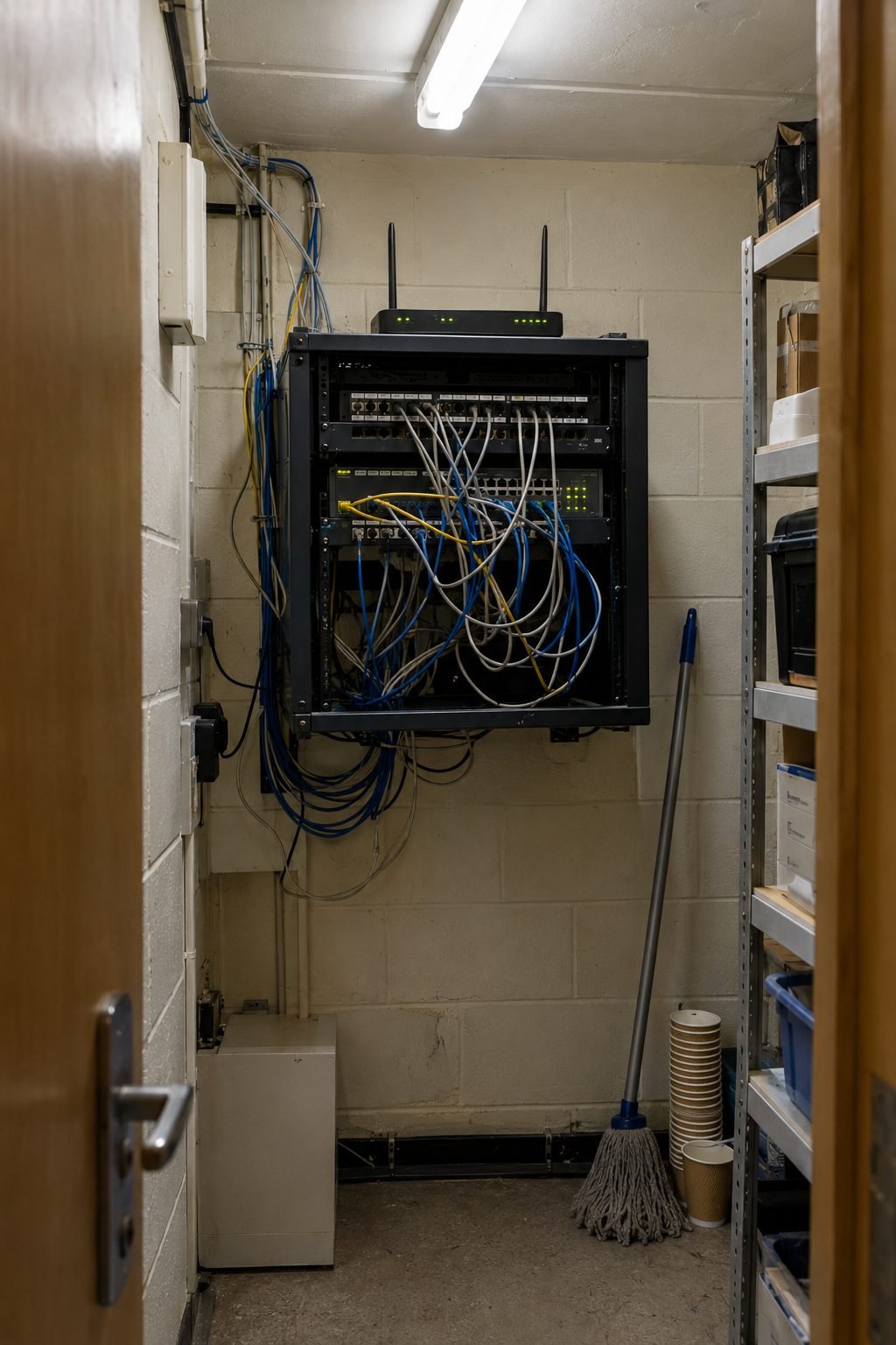 A cramped school comms cupboard, unlabelled leads hanging from a wall-mounted rack beside a mop and a stack of cups