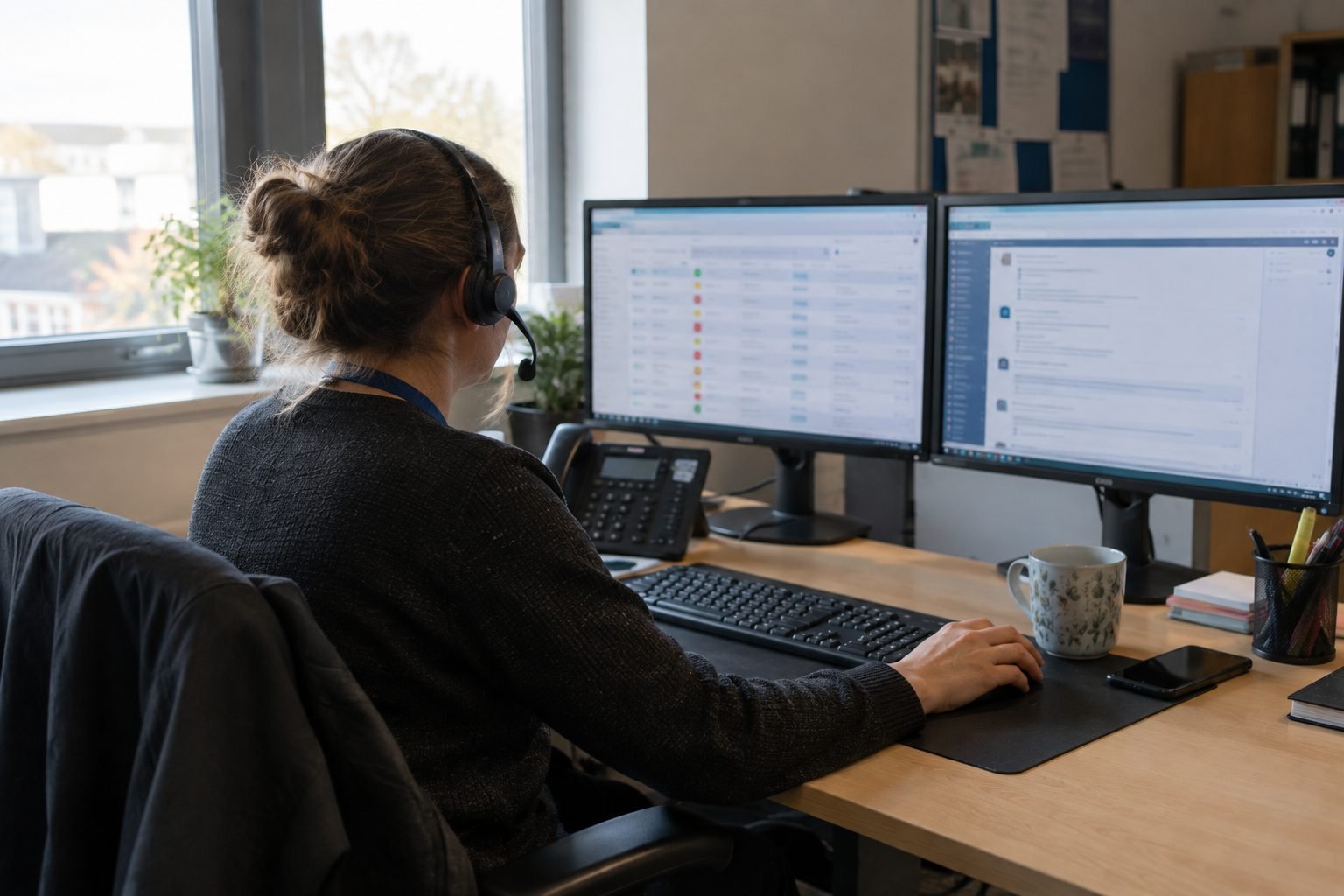 A support engineer at a desk wearing a headset, working through a ticket queue on two monitors