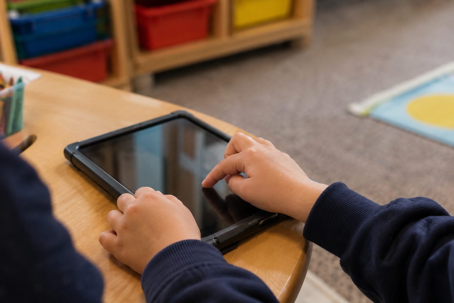 A young pupil using a tablet at a low table in an early years classroom