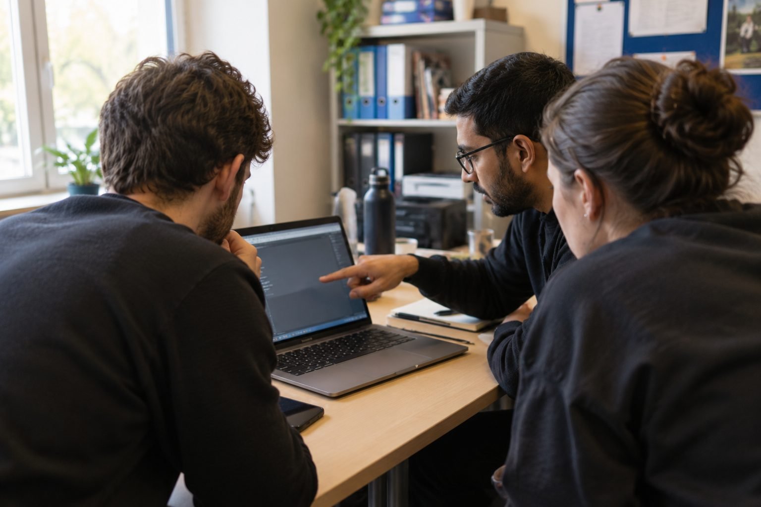Three colleagues around a laptop in a school office, one pointing something out on screen